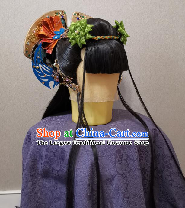 China Ancient Imperial Consort Wigs and Hairpins Headpieces Traditional Puppet Show Huan Ji Hair Accessories Cosplay Young Beauty Headdress