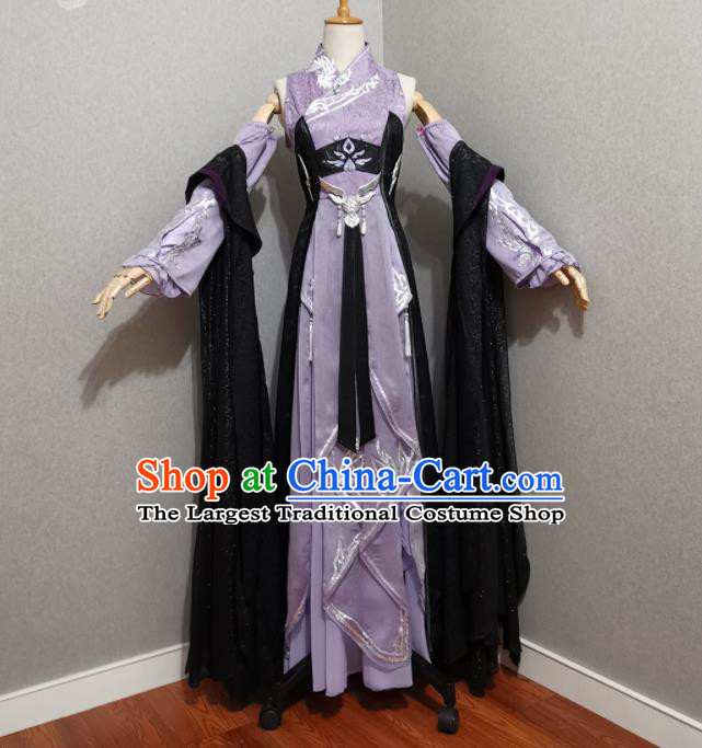 China Ancient Female Swordsman Lilac Dress Outfits Traditional JX Online Clothing Cosplay Queen Garment Costumes