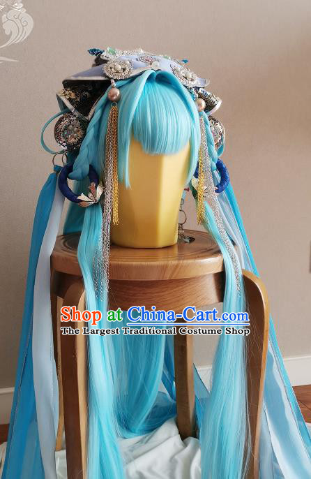China Traditional Puppet Show Swordswoman Hair Accessories Cosplay Fairy Princess Headdress Ancient Young Lady Blue Wigs and Hair Crown Headpieces