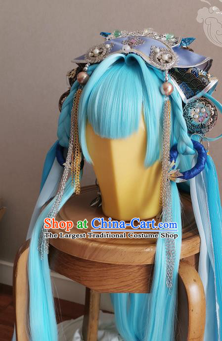 China Traditional Puppet Show Swordswoman Hair Accessories Cosplay Fairy Princess Headdress Ancient Young Lady Blue Wigs and Hair Crown Headpieces