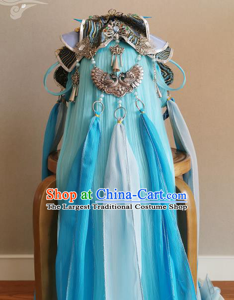 China Traditional Puppet Show Swordswoman Hair Accessories Cosplay Fairy Princess Headdress Ancient Young Lady Blue Wigs and Hair Crown Headpieces