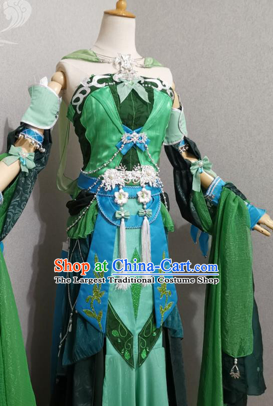 Professional Cosplay Swordswoman Garment Costumes Ancient Fairy Green Dress Outfits Traditional Game Role Clothing