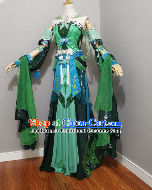 Professional Cosplay Swordswoman Garment Costumes Ancient Fairy Green Dress Outfits Traditional Game Role Clothing