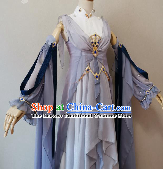 Professional China Ancient Palace Beauty Light Blue Dress Outfits Traditional Penglai Princess Clothing Cosplay Female Swordsman Garment Costumes