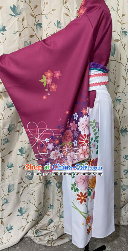 Professional Japanese Classical Wine Red Blouse and Skirt Traditional Summer Festival Kimono Clothing Young Lady Garment Costumes