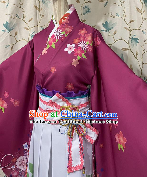Professional Japanese Classical Wine Red Blouse and Skirt Traditional Summer Festival Kimono Clothing Young Lady Garment Costumes