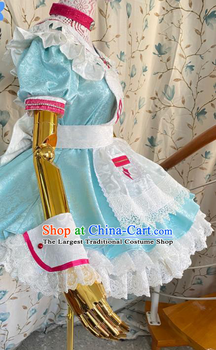 Top Cartoon Servant Lady Clothing Cosplay Angel Blue Short Dress Outfits Halloween Stage Performance Garment Costume