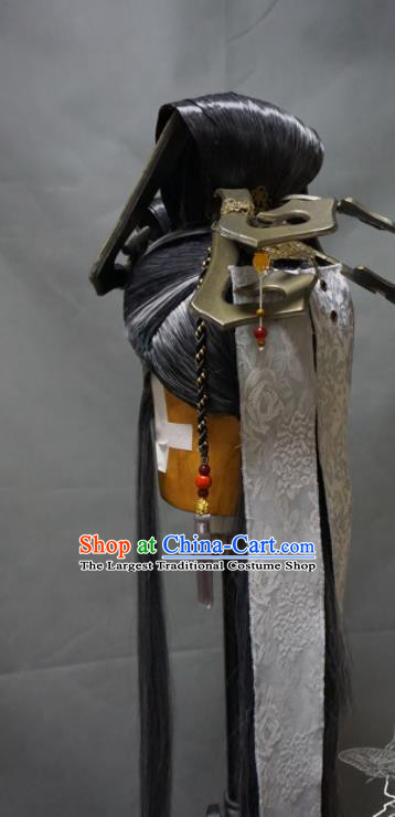 Chinese Handmade Ancient Elderly Male Headdress Cosplay Taoist Priest Gray Front Lace Wigs and Hair Crown Traditional Puppet Show Swordsman Yin Chunqiu Hairpieces