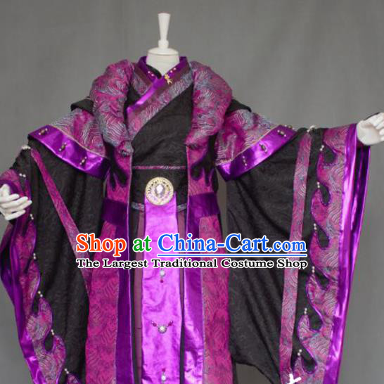 Chinese Traditional Puppet Show Swordsman King Garment Costumes Cosplay Emperor Clothing Ancient Monarch Purple Uniforms