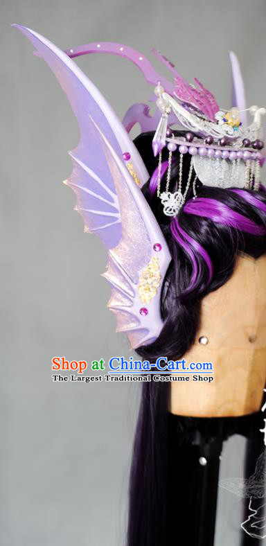 Chinese Handmade Ancient Swordsman Headdress Cosplay Dragon King Purple Wigs and Hair Crown Traditional Puppet Show Beiming Fengyu Hairpieces