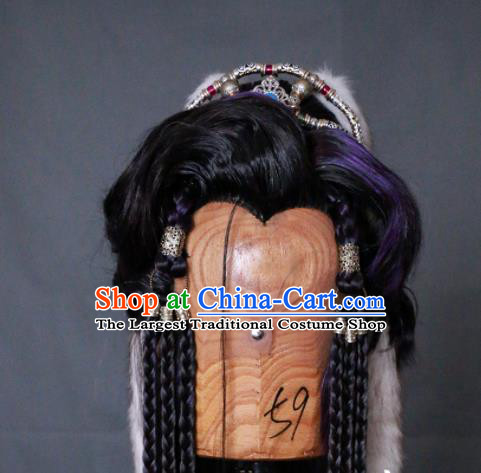 Chinese Cosplay Wolf Prince Purple Wigs and Hair Crown Traditional Puppet Show Hunter Hairpieces Handmade Ancient Swordsman Headdress
