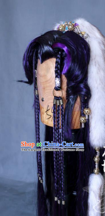 Chinese Cosplay Wolf Prince Purple Wigs and Hair Crown Traditional Puppet Show Hunter Hairpieces Handmade Ancient Swordsman Headdress