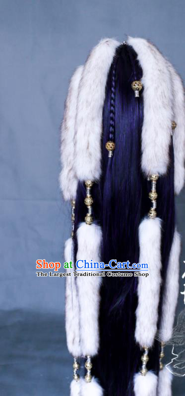 Chinese Cosplay Wolf Prince Purple Wigs and Hair Crown Traditional Puppet Show Hunter Hairpieces Handmade Ancient Swordsman Headdress