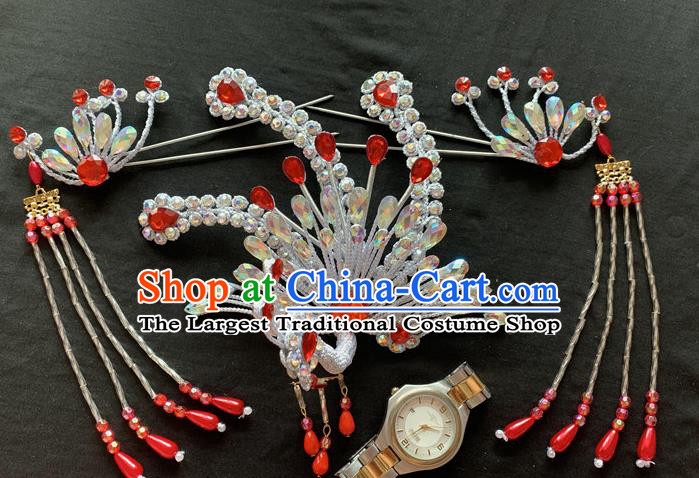 Chinese Beijing Opera Princess Argent Hair Crown and Hairpins Peking Opera Hua Tan Hair Accessories Traditional Opera Actress Headpieces