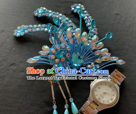 Chinese Peking Opera Hua Tan Hair Accessories Traditional Opera Diva Headpieces Beijing Opera Noble Lady Blue Phoenix Hair Crown and Hairpins