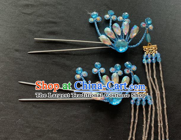 Chinese Peking Opera Hua Tan Hair Accessories Traditional Opera Diva Headpieces Beijing Opera Noble Lady Blue Phoenix Hair Crown and Hairpins