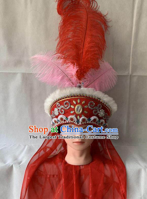 Chinese Peking Opera Diva Red Hat Traditional Opera Princess Headdress Beijing Opera Hua Tan Feather Hair Accessories