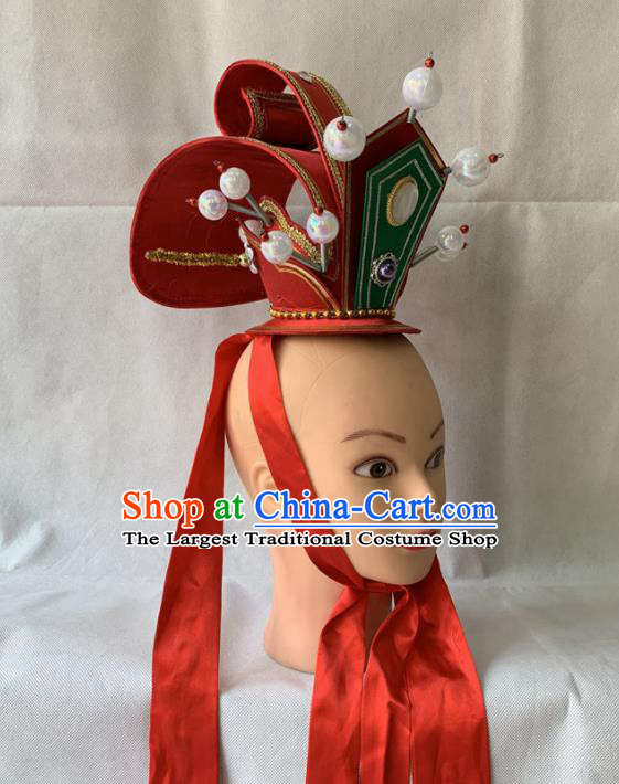 Handmade China Peking Opera Xiaosheng Red Hair Crown Beijing Opera Noble Childe Headwear Ancient Prince Hair Accessories