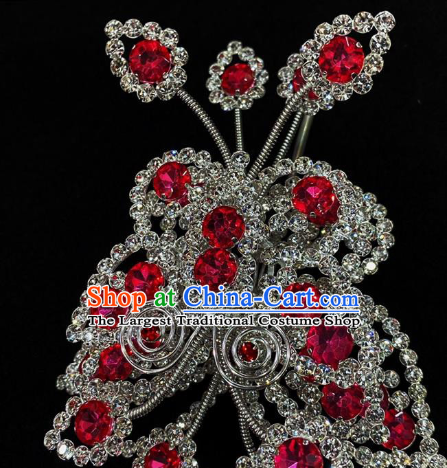 Chinese Peking Opera Actress Crystal Hair Crown Traditional Opera Princess Rosy Butterfly Hairpin Beijing Opera Hua Tan Hair Accessories