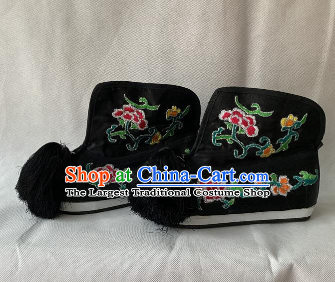 Chinese Beijing Opera Blues Shoes Peking Opera Swordswoman Black Boots Traditional Opera Female Warrior Embroidered Shoes