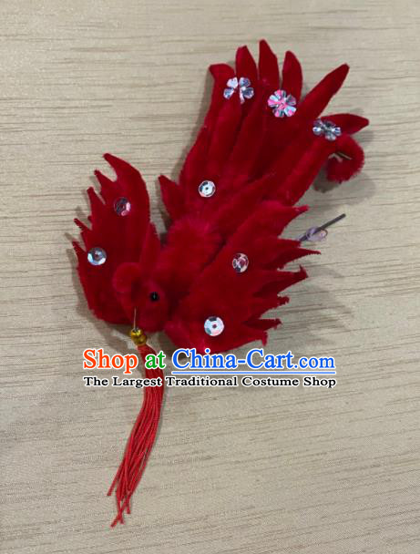 Chinese Traditional Opera Empress Red Velvet Phoenix Hairpin Beijing Opera Hua Tan Hair Accessories Peking Opera Imperial Concubine Hair Stick