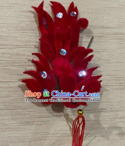 Chinese Traditional Opera Diva Red Velvet Phoenix Hairpin Beijing Opera Hua Tan Hair Accessories Peking Opera Empress Hair Stick