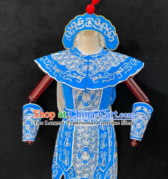 Chinese Traditional Opera Soldier Clothing Beijing Opera Wusheng Garment Costumes Peking Opera Swordsman Blue Armor Uniforms