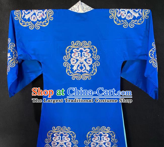 Chinese Shanxi Opera Elderly Male Garment Costume Peking Opera Laosheng Embroidered Blue Cape Traditional Opera Landlord Clothing
