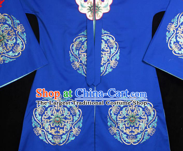 China Ancient Dowager Countess Clothing Beijing Opera Laodan Embroidered Blue Cape Traditional Opera Elderly Woman Garment Costume