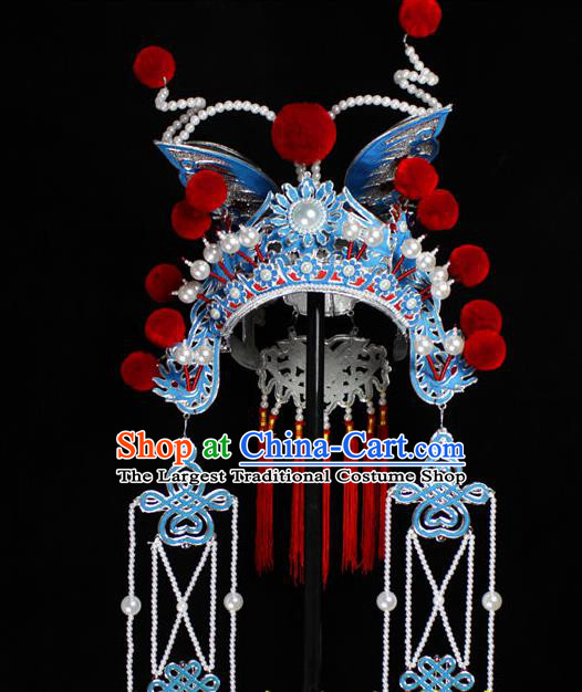 Chinese Traditional Opera Swordswoman Helmet Beijing Opera Wudan Hair Accessories Peking Opera Blues Phoenix Coronet