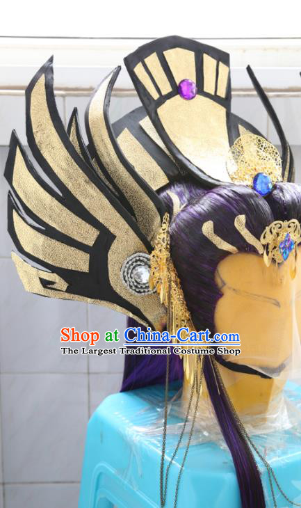 Handmade China Cosplay Dragon Prince Hair Accessories Traditional Puppet Show Swordsman Headdress Ancient Immortal Purple Wigs and Hair Crown Hairpieces