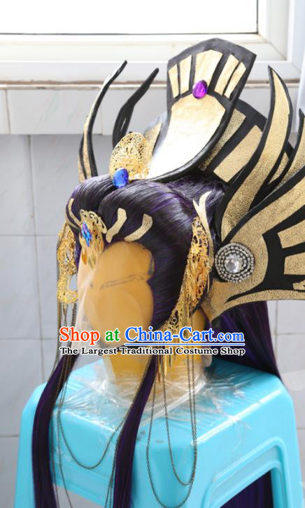 Handmade China Cosplay Dragon Prince Hair Accessories Traditional Puppet Show Swordsman Headdress Ancient Immortal Purple Wigs and Hair Crown Hairpieces