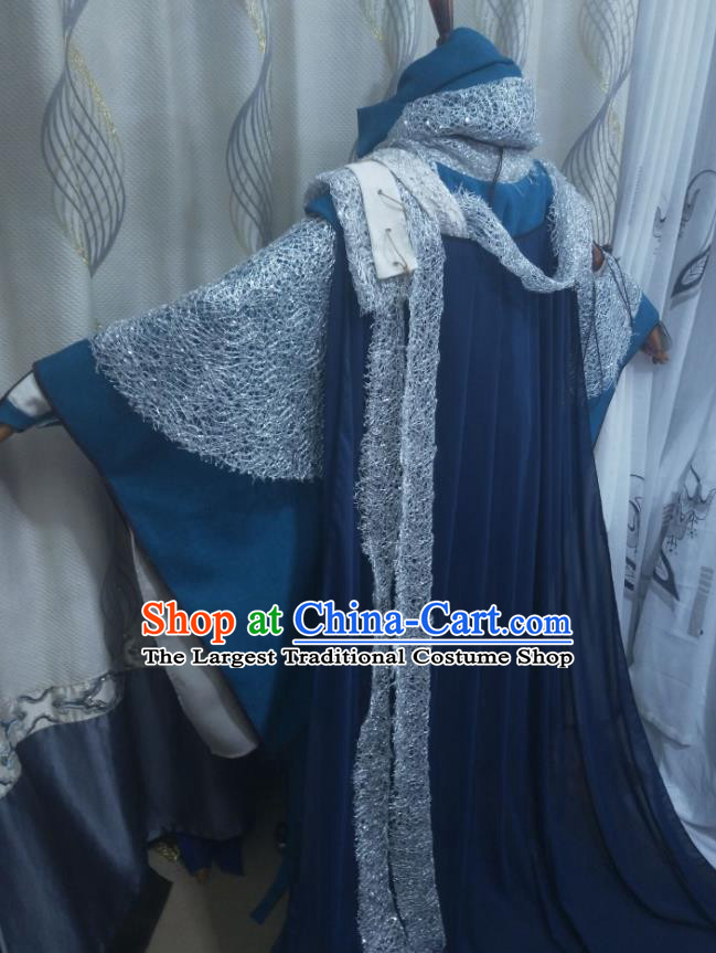 Chinese Puppet Show Monk Meng Qiusun Garment Costumes Ancient Young Male Blue Uniforms Traditional Cosplay Swordsman Clothing