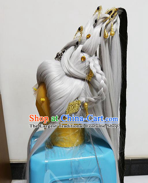 Handmade China Traditional Puppet Show Swordsman Headdress Ancient Taoist Priest Gray Wigs and Hair Crown Hairpieces Cosplay King Hair Accessories