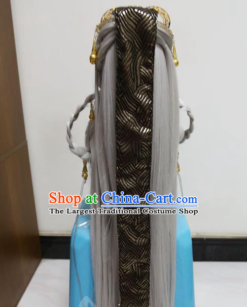 Handmade China Traditional Puppet Show Swordsman Headdress Ancient Taoist Priest Gray Wigs and Hair Crown Hairpieces Cosplay King Hair Accessories