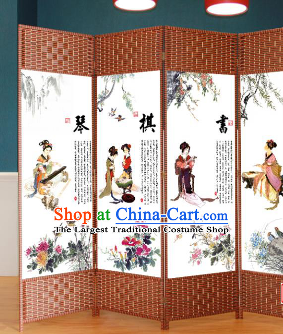 Chinese Ancient Home Ornaments Straw Plaited Articles Handmade Folding Screen Ink Painting Flowers Birds Screens