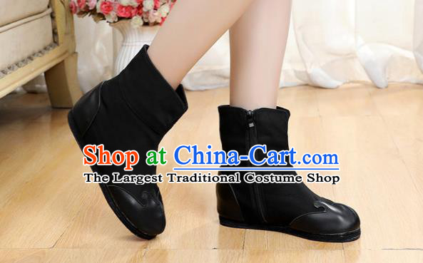 Chinese Traditional Winter Boots Ancient Swordsman Shoes Handmade Black Boots with Wool Inside