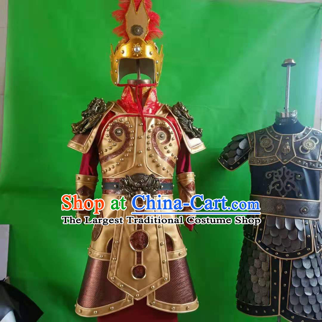 Chinese Traditional Han Dynasty Warrior Armor and Helmet Set Ancient General Garment Costumes