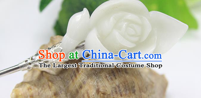 China Handmade Hair accessories Woman Hairpin Ancient Princess Jade Rose Hair Stick
