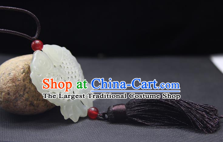 China National Hetian Jade Sachet Classical Cheongsam Jewelry Accessories Handmade Carving Double Fishes Pendant