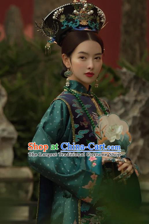 China Ancient Palace Empress Dark Green Dress Clothing Traditional Qing Dynasty Noble Women Garment Costumes and Headgear Complete Set