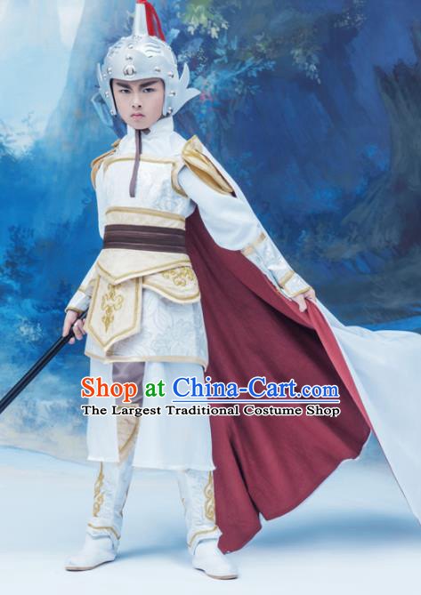 Chinese Ancient General Garment Costumes Children Clothing Three Kingdoms Period Armor and Hat Complete Set