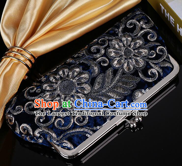 China Navy Blue Clutch Bag Handmade Embroidery Handbag National Cheongsam Evening Bag