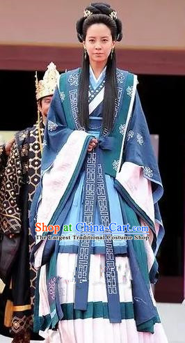 TV Series GyeBaek Garment Costumes Korean Traditional Clothing Ancient Queen Eun go Blue Dress and Headpieces