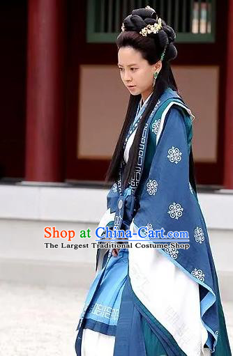 TV Series GyeBaek Garment Costumes Korean Traditional Clothing Ancient Queen Eun go Blue Dress and Headpieces