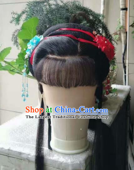 Chinese Beijing Opera Actress Hairpieces Traditional Opera Servant Girl Full Lace Wig Shaoxing Opera Maid Lady Headdress