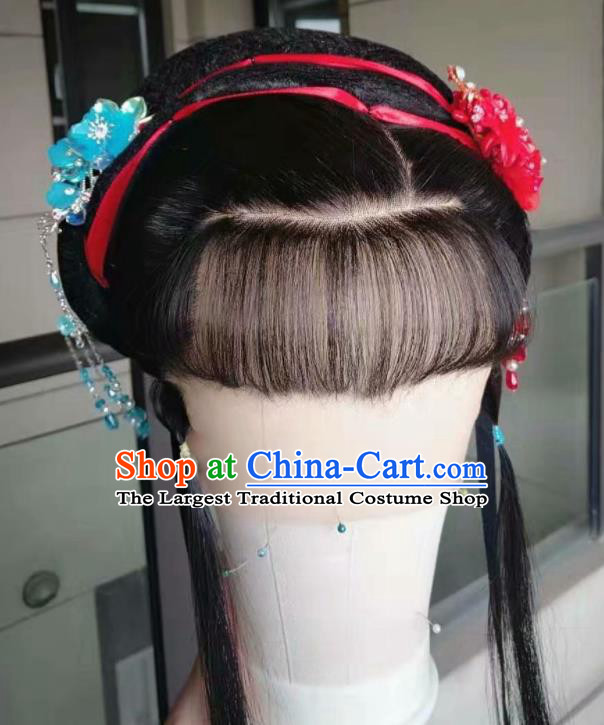 Chinese Beijing Opera Actress Hairpieces Traditional Opera Servant Girl Full Lace Wig Shaoxing Opera Maid Lady Headdress