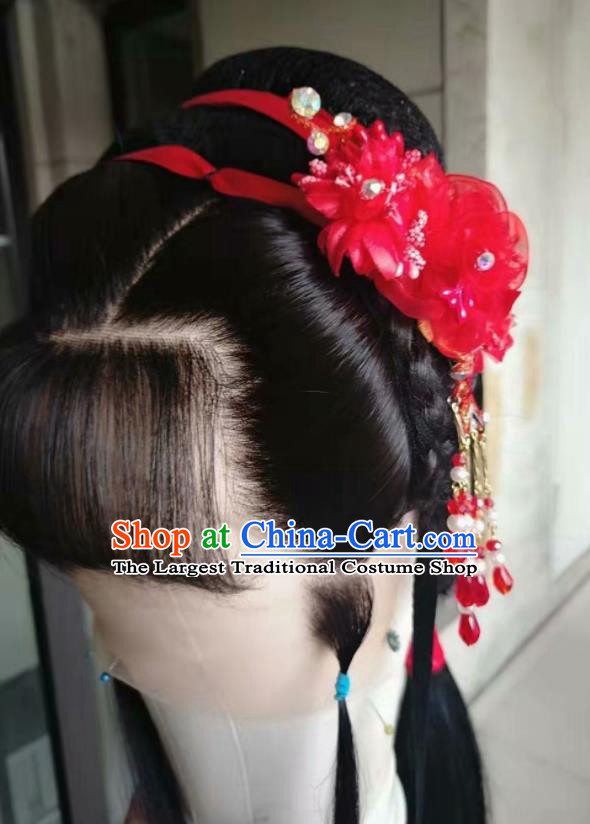 Chinese Beijing Opera Actress Hairpieces Traditional Opera Servant Girl Full Lace Wig Shaoxing Opera Maid Lady Headdress
