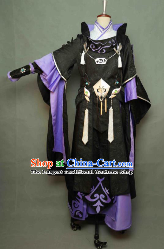 Chinese Cosplay Swordsman Black Clothing Game Jian Xia Qing Yuan Knight Apparel Ancient Young Hero Garment Costumes