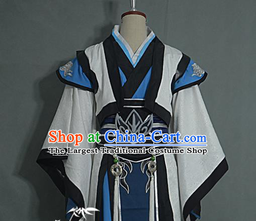 Chinese Ancient Taoist Priest Garment Costumes Cosplay Swordsman Clothing Game Jian Xia Qing Yuan Young Male Blue Apparel